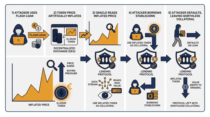 How price oracle manipulation allows attackers to drain DeFi lending protocols.