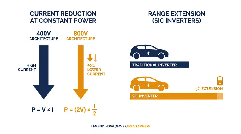 By doubling the voltage, 800-volt systems halve the current required for a given power output, significantly reducing thermal losses.