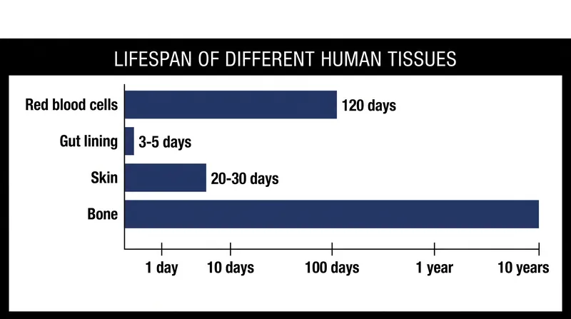 Tissue lifespans vary from a few days in the gut to a decade in the skeleton.