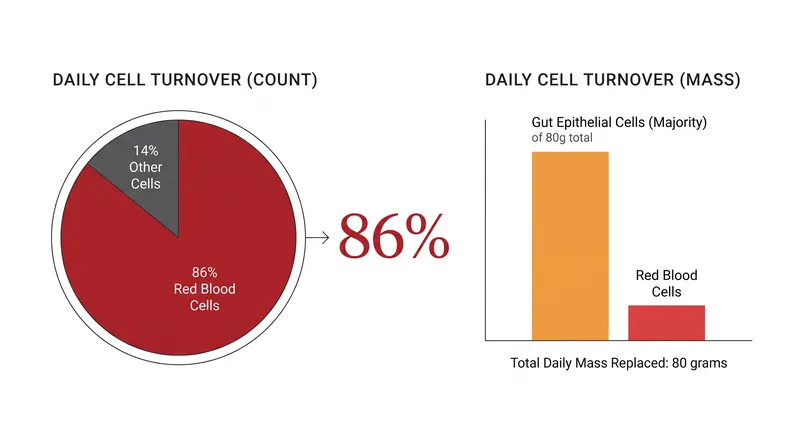Because epithelial cells are large and nucleated, the gut lining demands the highest daily mass replacement.