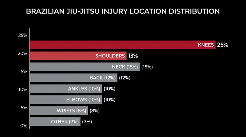 In grappling disciplines like BJJ, the knees and shoulders bear the highest proportion of training injuries.