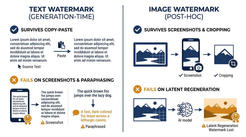 The architectural trade-offs between generation-time text watermarks and post-hoc image watermarks.