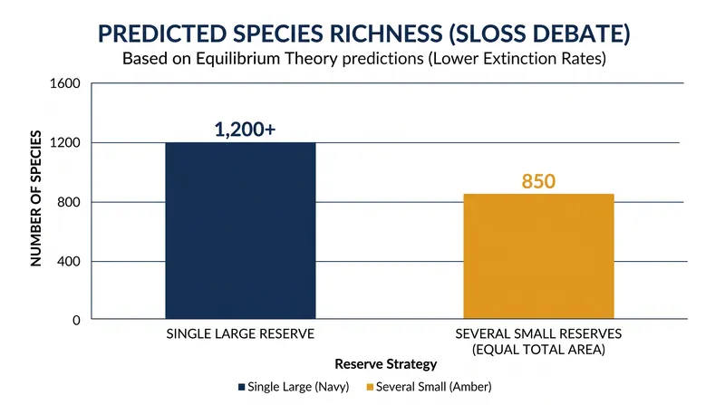 The theory generally favors large, contiguous reserves over fragmented networks to minimize extinction rates.