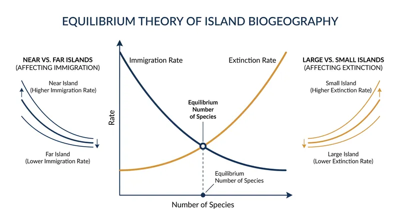 The equilibrium point is reached when the rate of new species arriving matches the rate of existing species going extinct.