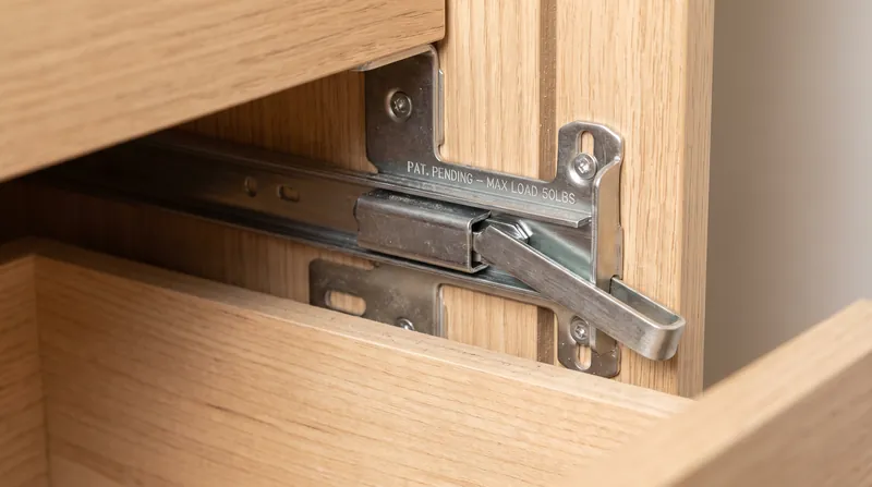 Drawer interlocks prevent multiple drawers from opening at once, keeping the center of gravity over the base.