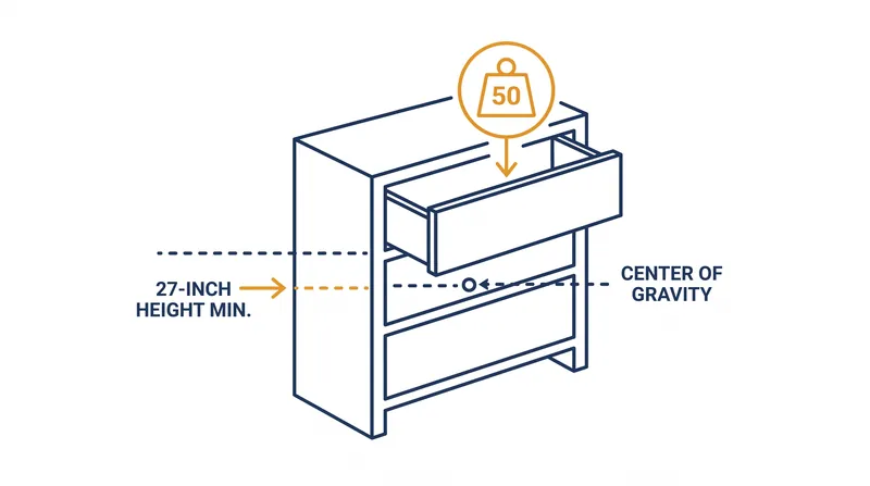 The dynamic force test simulates the weight of a 72-month-old child climbing an open drawer.