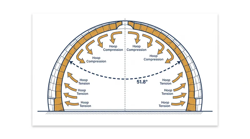 In a uniform spherical dome, structural forces shift from compression to tension exactly 51.8 degrees from the crown.