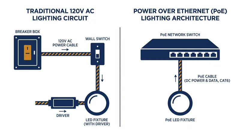 PoE architecture centralizes power conversion, delivering native direct current and data over a single cable.