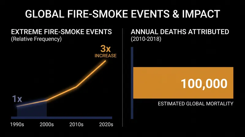 Extreme fire-smoke events have tripled since the 1990s, driving a surge in particulate-related mortality.