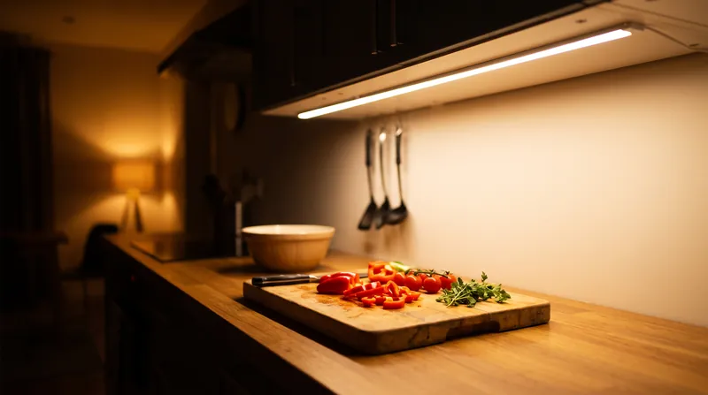 Task lighting, like under-cabinet fixtures, follows the same contrast rules as accent lighting to prevent eye strain.