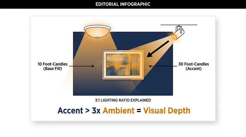 The minimum contrast required for the human eye to register a focal point is a 3:1 ratio of accent to ambient light.