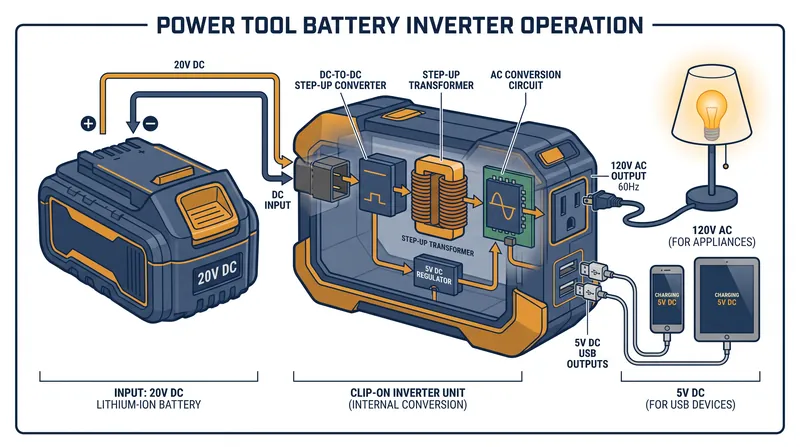 Inverters step up the battery's 18V or 20V direct current to 120V alternating current for standard household plugs.