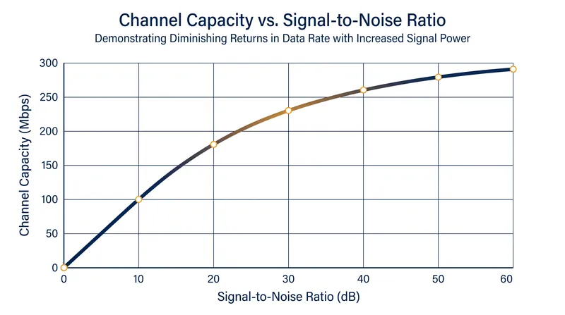 Increasing transmission power yields diminishing returns in data capacity due to the logarithmic nature of the theorem.