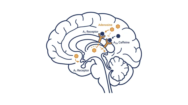 Caffeine molecules fit into adenosine receptors without activating them, placing a chemical blindfold over the brain's fatigue sensors.