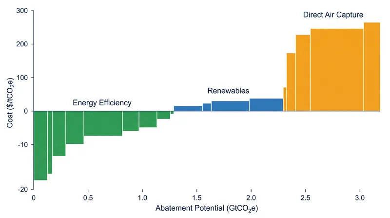 The curve ranks climate interventions from negative-cost efficiency measures on the left to expensive technological removals on the right.
