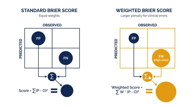 Weighted Brier scores adjust the mathematical penalty to reflect the real-world cost of false positives versus false negatives.