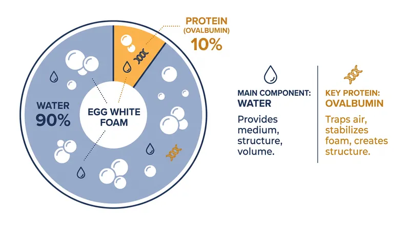 Egg whites are primarily water, relying on a small percentage of unraveled proteins to trap air.
