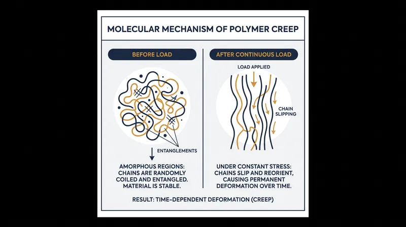 Under continuous mechanical stress, the weak intermolecular forces in amorphous polymers allow the chains to slip into new positions.