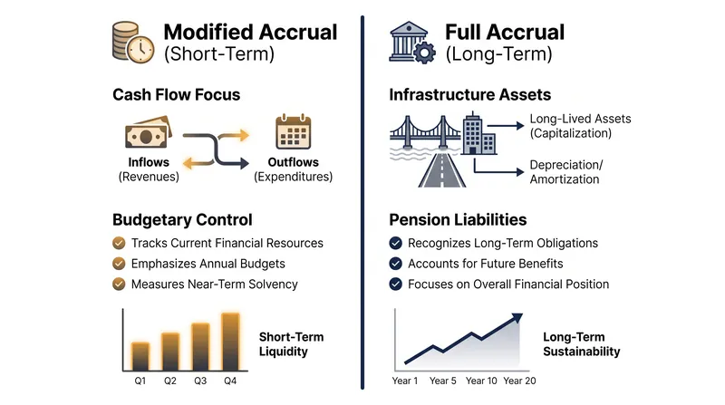 The dual reporting model forces governments to track both immediate cash flow and long-term economic liabilities.