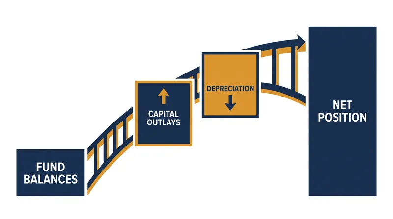 The reconciliation schedule acts as a mathematical bridge between the short-term fund statements and the long-term government-wide statements.