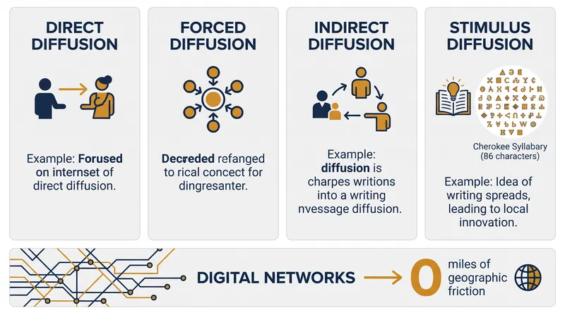 The four primary pathways that dictate how ideas, technologies, and behaviors spread.