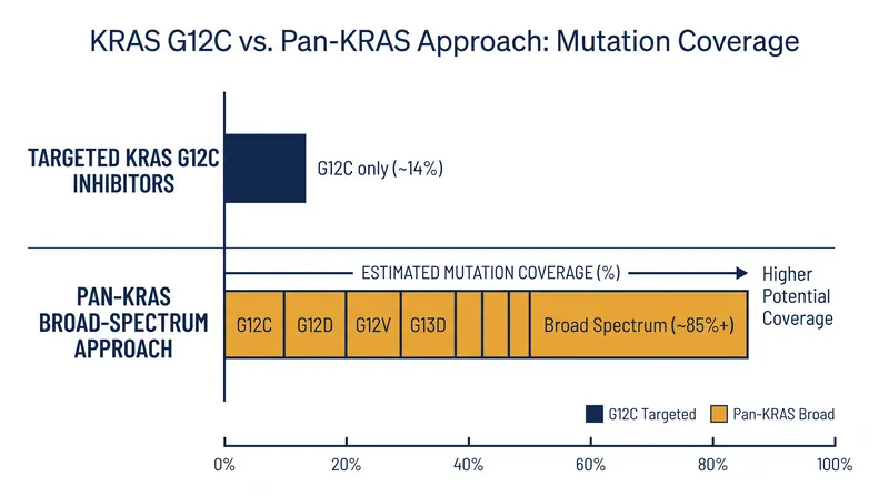 Pan-KRAS inhibitors aim to block multiple mutations simultaneously, preventing tumors from developing resistance through alternate pathways.