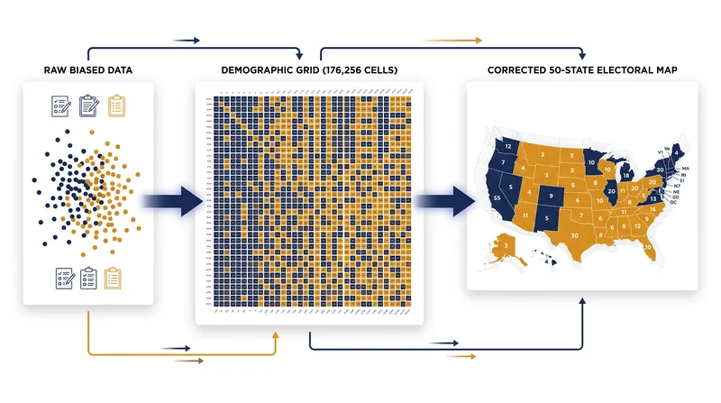 The MRP process breaks biased samples into hundreds of thousands of demographic cells before weighting them against Census data.