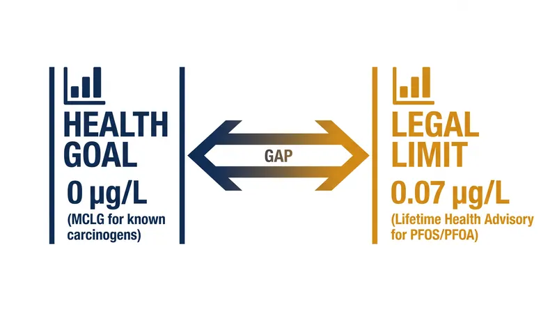 Health-based goals are often set at zero, while enforceable limits must account for analytical detection and treatment feasibility.