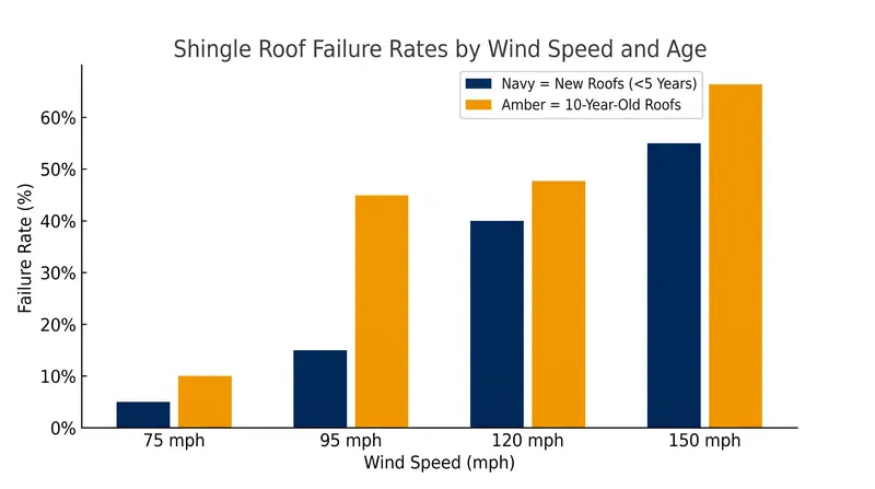Once wind gusts exceed 120 mph, up to half of all shingle roofs suffer damage requiring replacement, regardless of age.