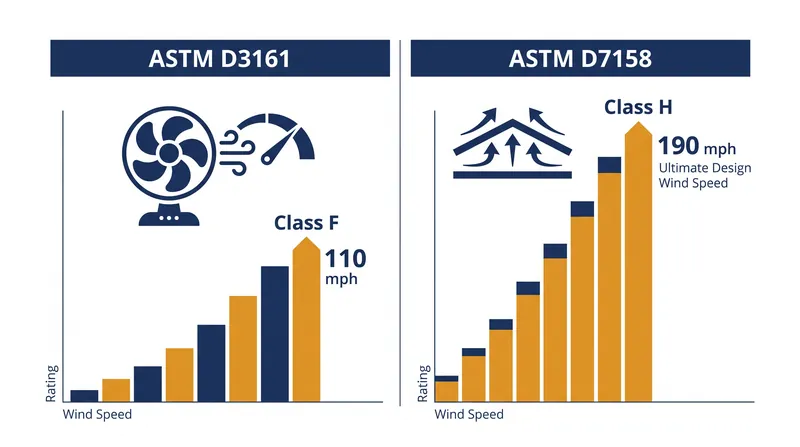 ASTM D7158 calculates resistance against much higher wind speeds than the physical fan test can simulate.
