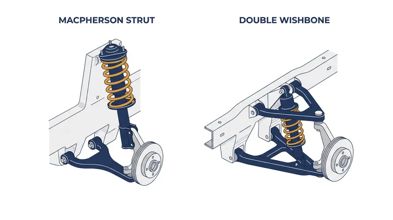 The MacPherson strut eliminates the upper control arm to save space, while the double wishbone uses two arms to dictate wheel geometry.