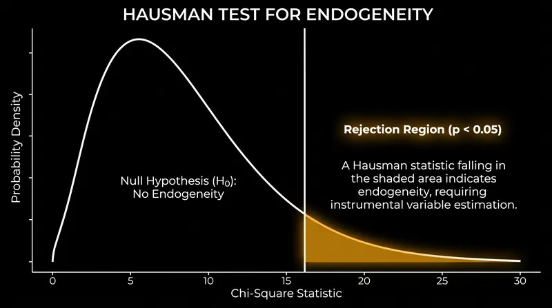 The Hausman statistic follows a chi-square distribution, with large values indicating a structural divergence between the models.