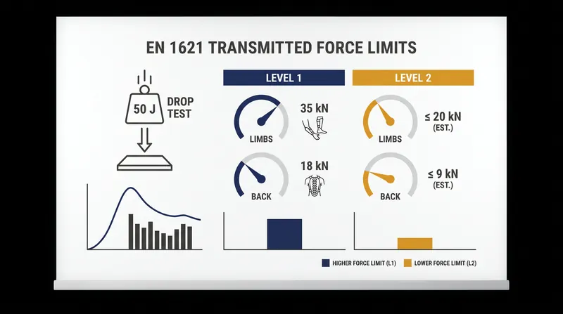 Level 2 armor absorbs significantly more impact energy than Level 1, transmitting less force to the rider's body.