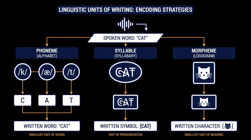 Writing systems encode language at three different resolutions: the sound, the syllable, or the meaning.