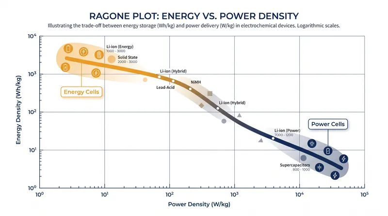 A Ragone plot illustrates the fundamental inverse relationship between a battery's specific energy and specific power.