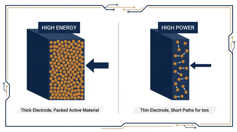 Thicker electrodes store more total energy but increase internal resistance, limiting the speed at which current can flow.