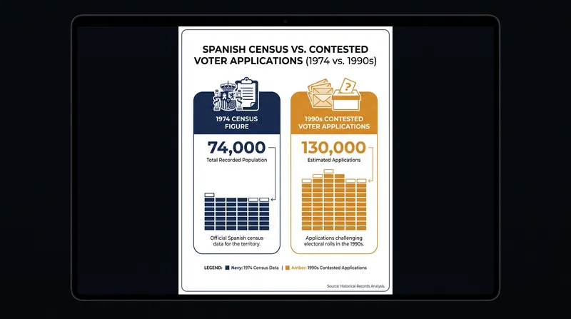 The UN voter identification process collapsed when 130,000 contested applications overwhelmed the 74,000-person baseline of the 1974 census.