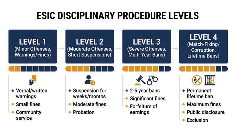 The ESIC sanctioning ladder categorizes offenses from minor betting infractions to systemic match-fixing.