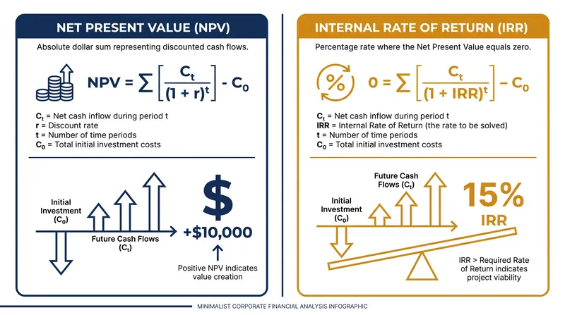 NPV measures absolute value creation, while IRR calculates the percentage yield.