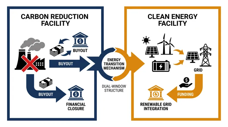 The ETM uses two financial windows to simultaneously retire coal and fund clean energy.
