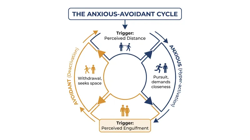 The self-reinforcing loop of the anxious-avoidant trap.