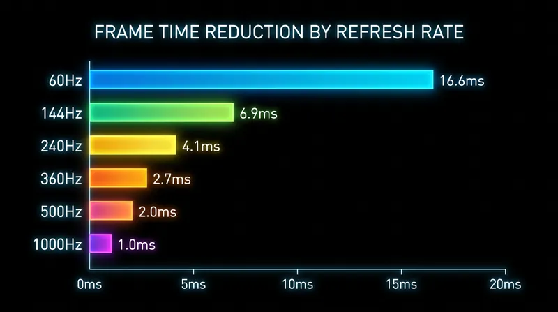 The jump from 500Hz to 1,000Hz shaves just 1 millisecond off the time each frame is displayed.