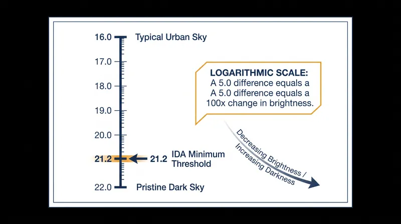 Because the SQM scale is logarithmic, a park measuring 21.2 mag/arcsec² is 100 times darker than a suburban sky at 16.2 mag/arcsec².