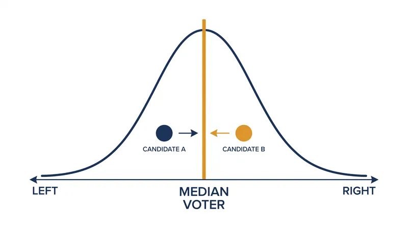 In a frictionless single-dimension system, candidates are mathematically incentivized to converge on the median voter.