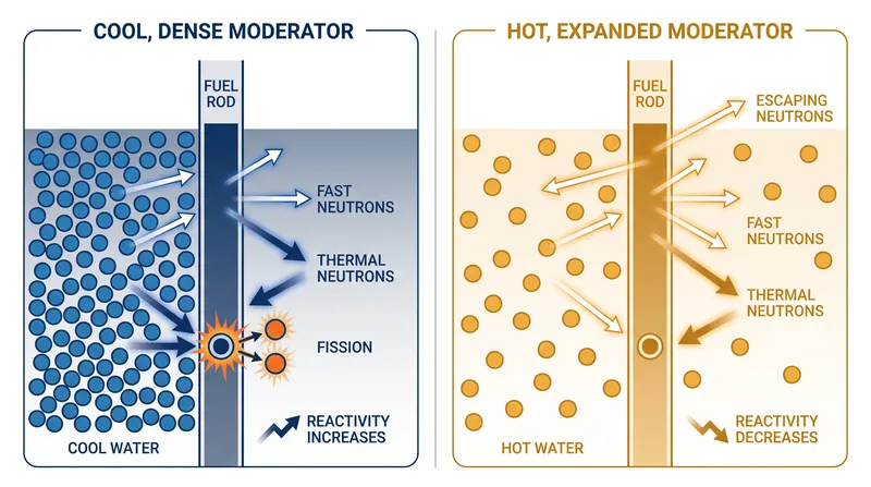 As water heats up and expands, it becomes less dense, reducing its ability to moderate fast neutrons and naturally slowing the reactor's power output.