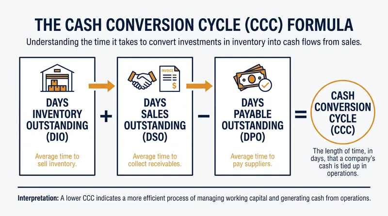 The cash conversion cycle balances the time it takes to sell inventory and collect payments against the time a company takes to pay its suppliers.