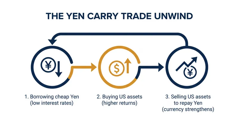 How a strengthening yen forces global investors to liquidate international assets.