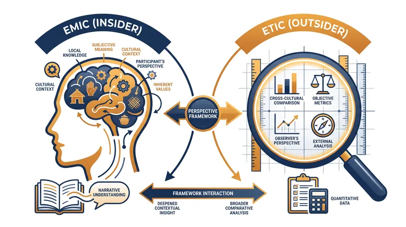 The emic approach prioritizes the subject's internal worldview, while the etic approach applies external, standardized metrics.