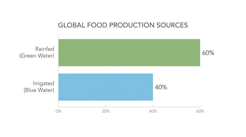 Rainfed agriculture, which relies entirely on green water, accounts for the majority of global food production.