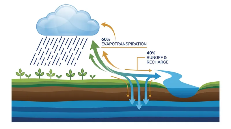 The mechanism of evapotranspiration drives the divide between green and blue water resources.